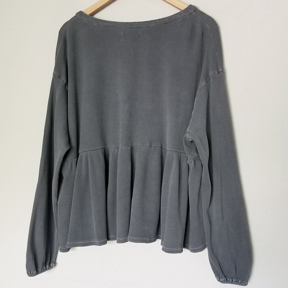 Lucky Brand Waffle Knit Peplum Top L Ebony Grey 100% Cotton Oversized Babydoll - Picture 7 of 16